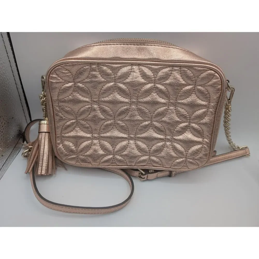 Michael Kors Rose Gold Quilted Metallic Leather Crossbody Bag Purse Small
